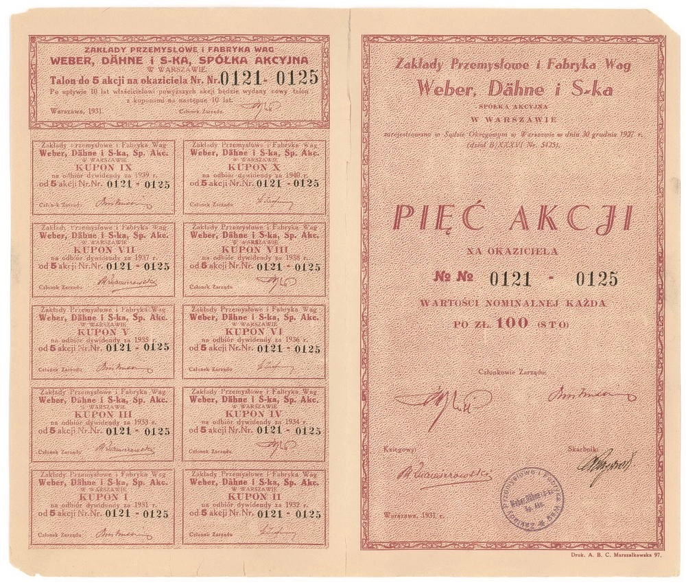 Zdjęcie akcji Zakłady Przemysłowe i Fabryka Wag "Weber, Dähne i S-ka" Spółka Akcyjna