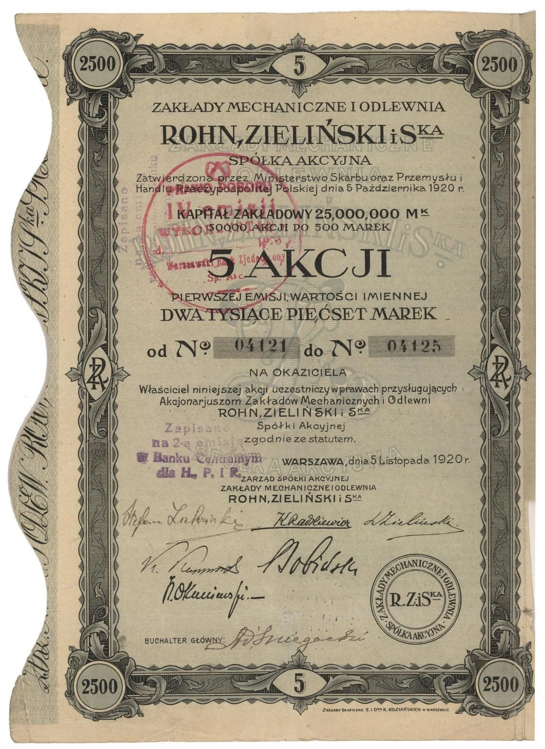 Zdjęcie akcji Zakłady Mechaniczne i Odlewnia "Rohn, Zieliński i S-ka" Spółka Akcyjna