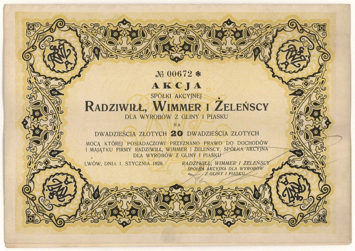 Zdjęcie akcji "Radziwiłł, Wimmer i Żeleńscy" Spółka Akcyjna dla Wyrobów z Gliny i Piasku we Lwowie