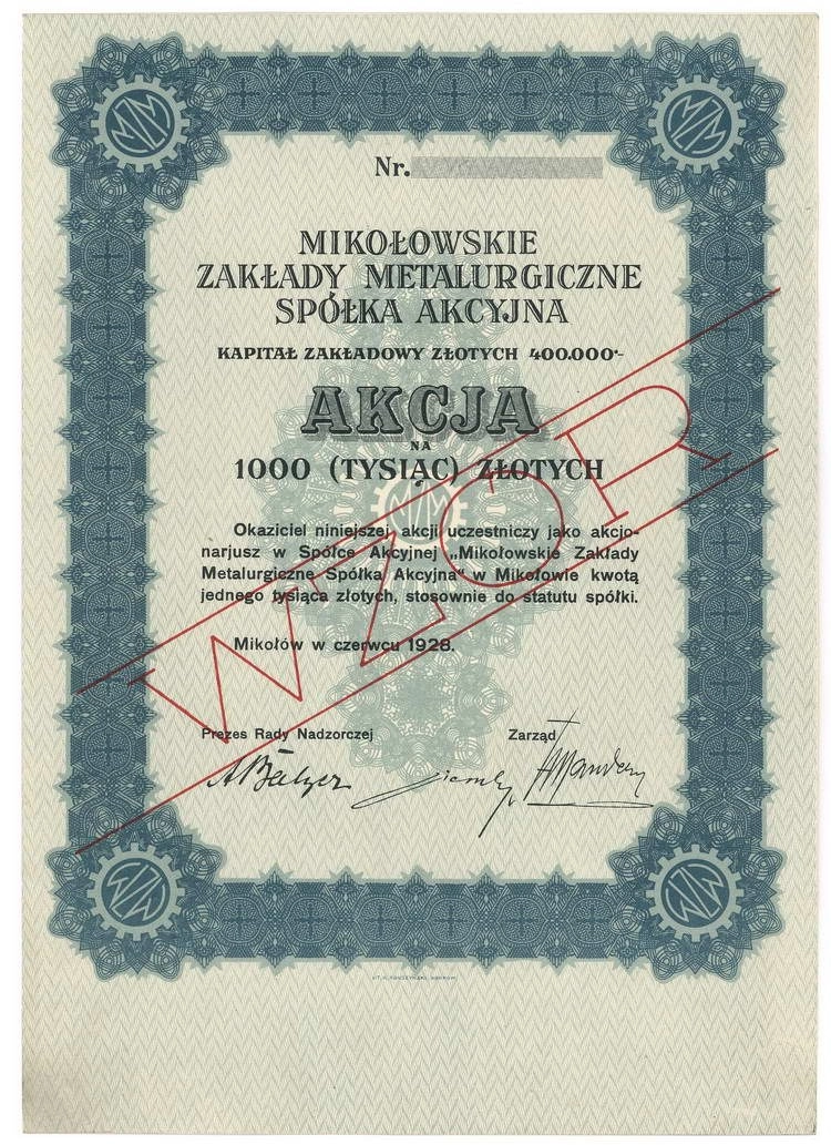 Zdjęcie akcji Mikołowskie Zakłady Metalurgiczne Spółka Akcyjna