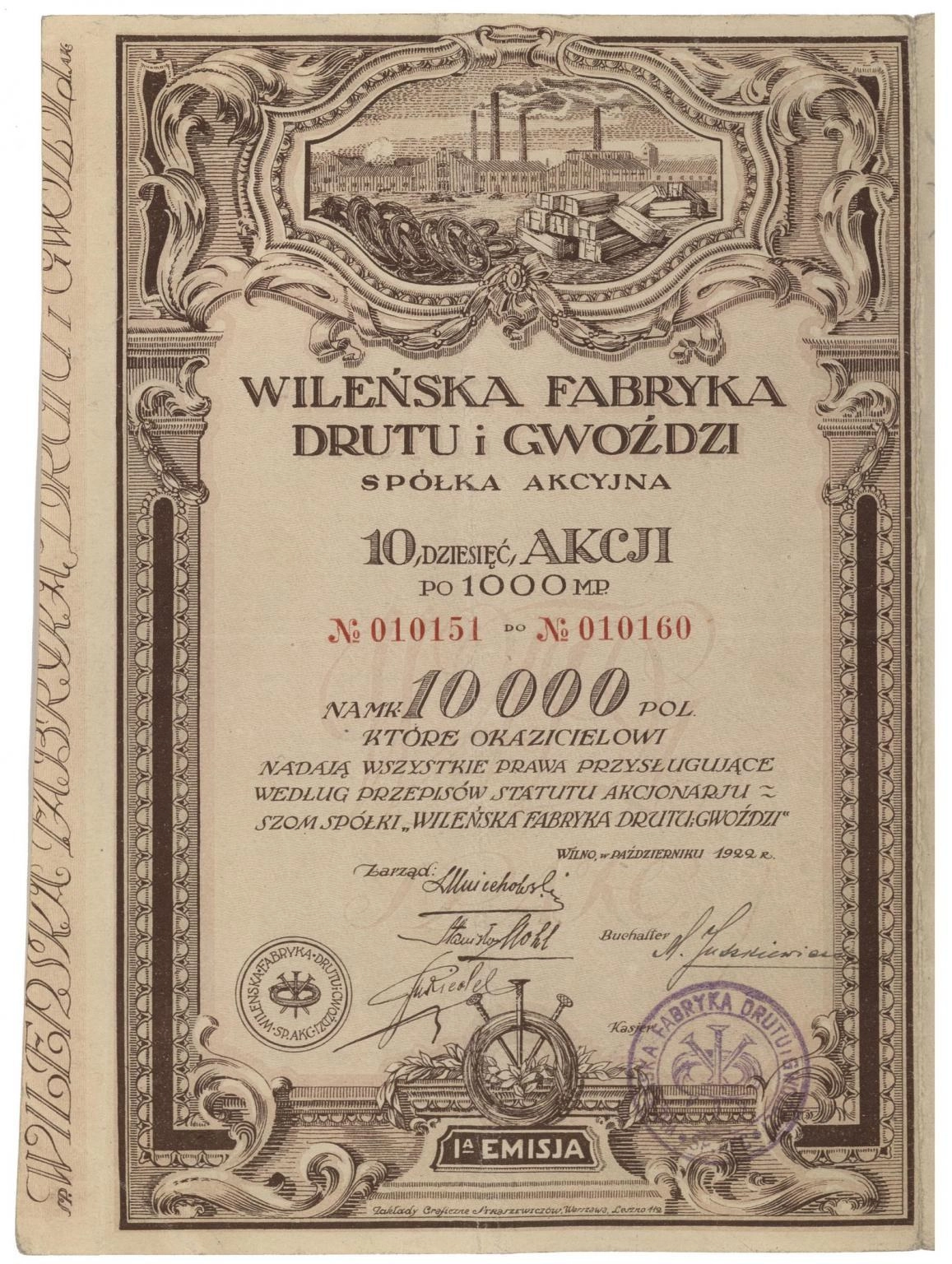 Zdjęcie akcji Wileńska Fabryka Drutu i Gwoździ Spółka Akcyjna