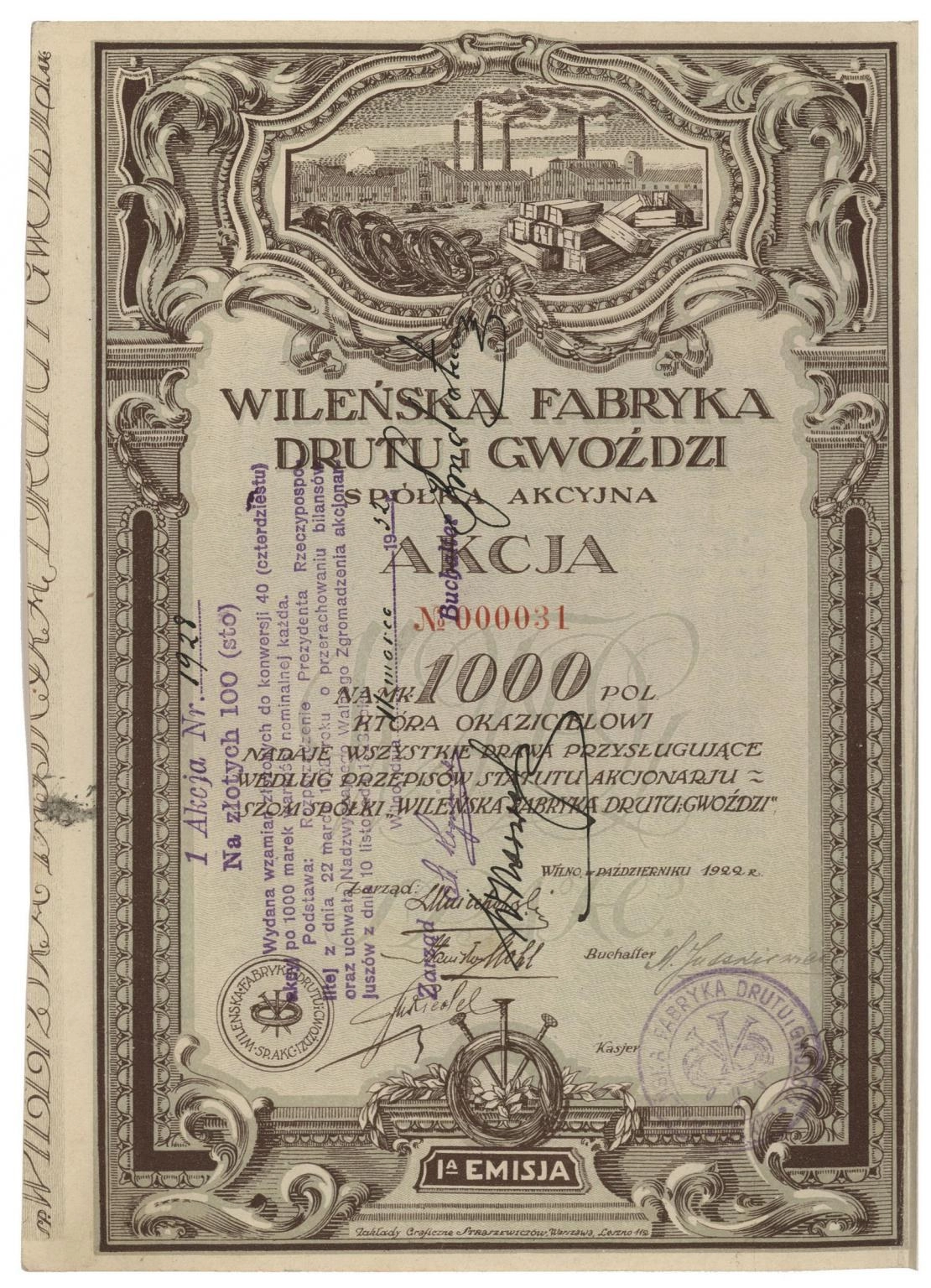 Zdjęcie akcji Wileńska Fabryka Drutu i Gwoździ Spółka Akcyjna