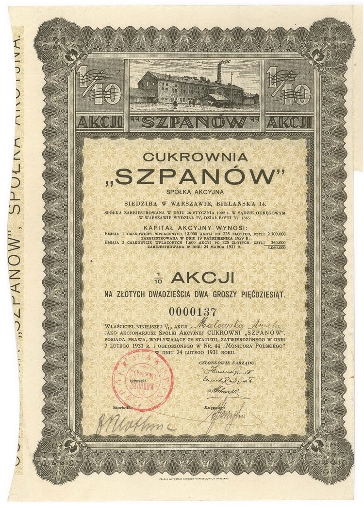 Zdjęcie akcji Cukrownia "Szpanów" Spółka Akcyjna