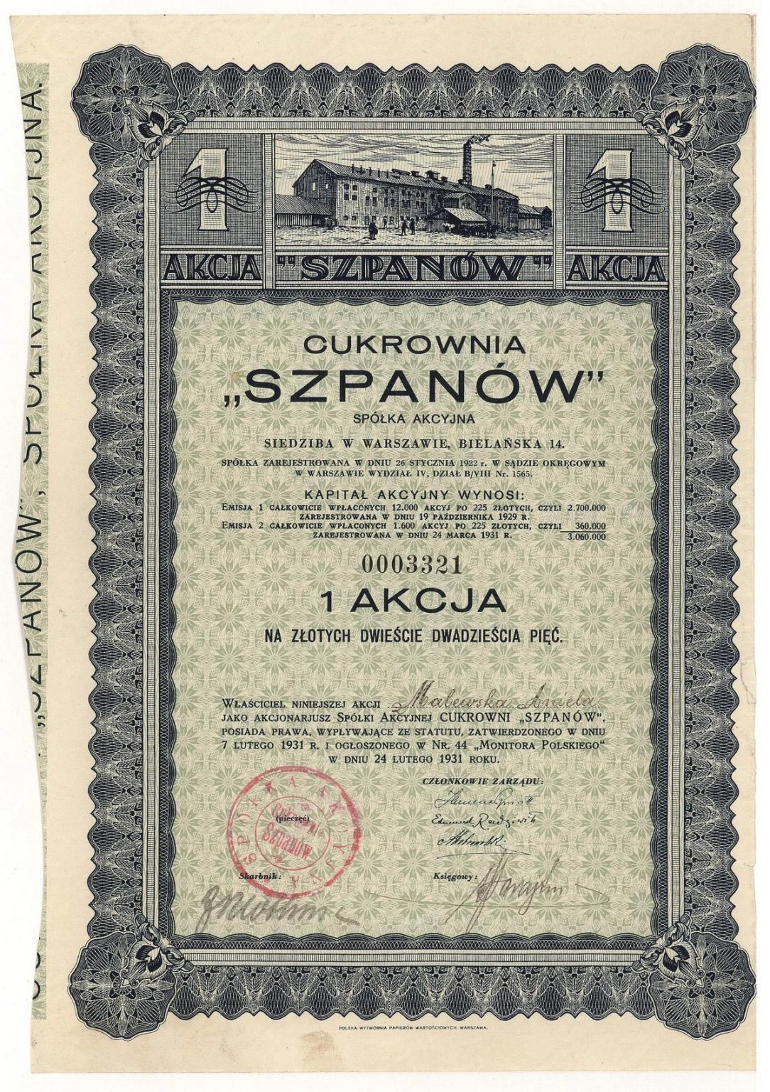 Zdjęcie akcji Cukrownia "Szpanów" Spółka Akcyjna