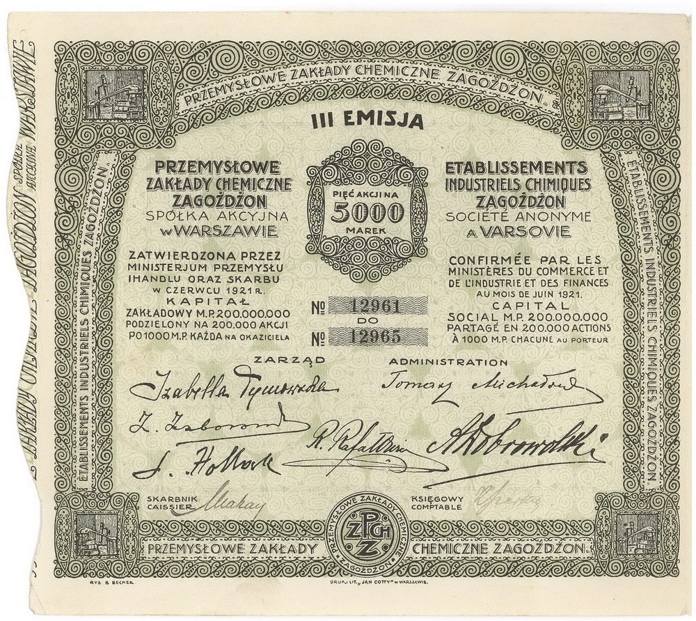 Zdjęcie akcji Przemysłowe Zakłady Chemiczne "Zagożdżon" Spółka Akcyjna w Warszawie