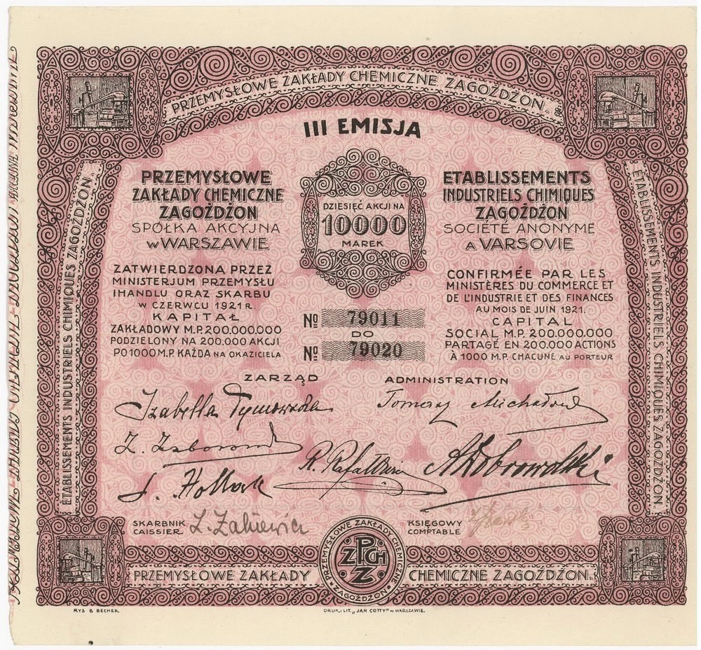 Zdjęcie akcji Przemysłowe Zakłady Chemiczne "Zagożdżon" Spółka Akcyjna w Warszawie