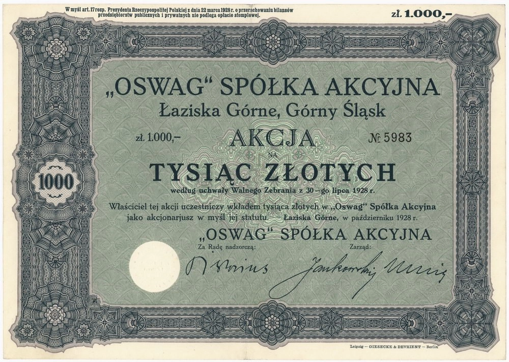 Zdjęcie akcji "Oswag" Spółka Akcyjna
