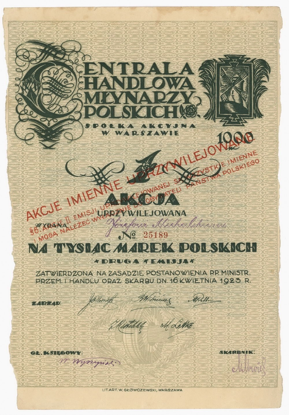 Zdjęcie akcji Centrala Handlowa Młynarzy Polskich Spółka Akcyjna w Warszawie