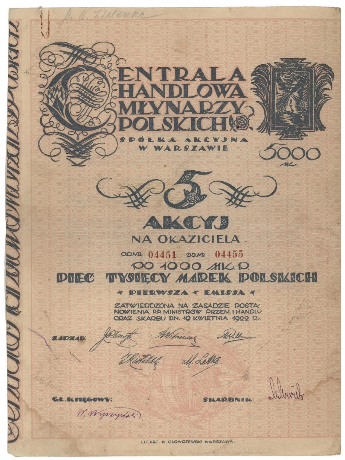 Zdjęcie akcji Centrala Handlowa Młynarzy Polskich Spółka Akcyjna w Warszawie