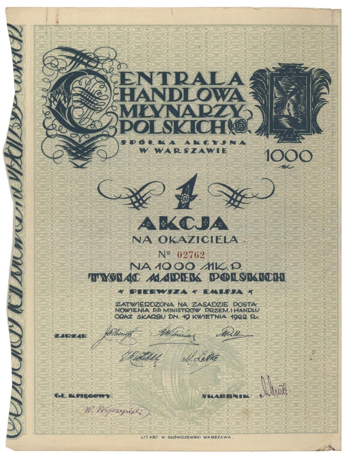 Zdjęcie akcji Centrala Handlowa Młynarzy Polskich Spółka Akcyjna w Warszawie