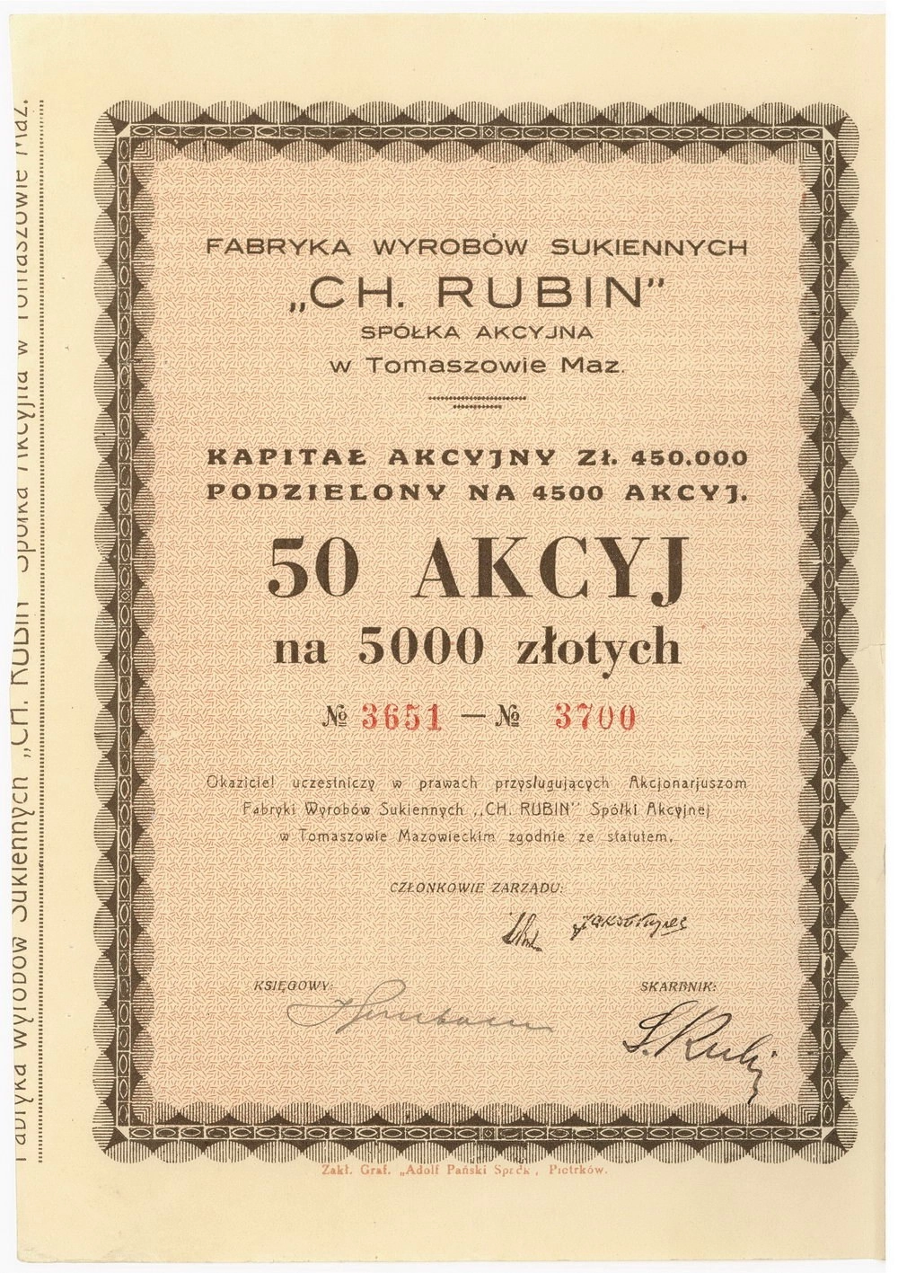 Zdjęcie akcji Fabryka Wyrobów Sukiennych "Ch. Rubin" Spółka Akcyjna w Tomaszowie Mazowieckim