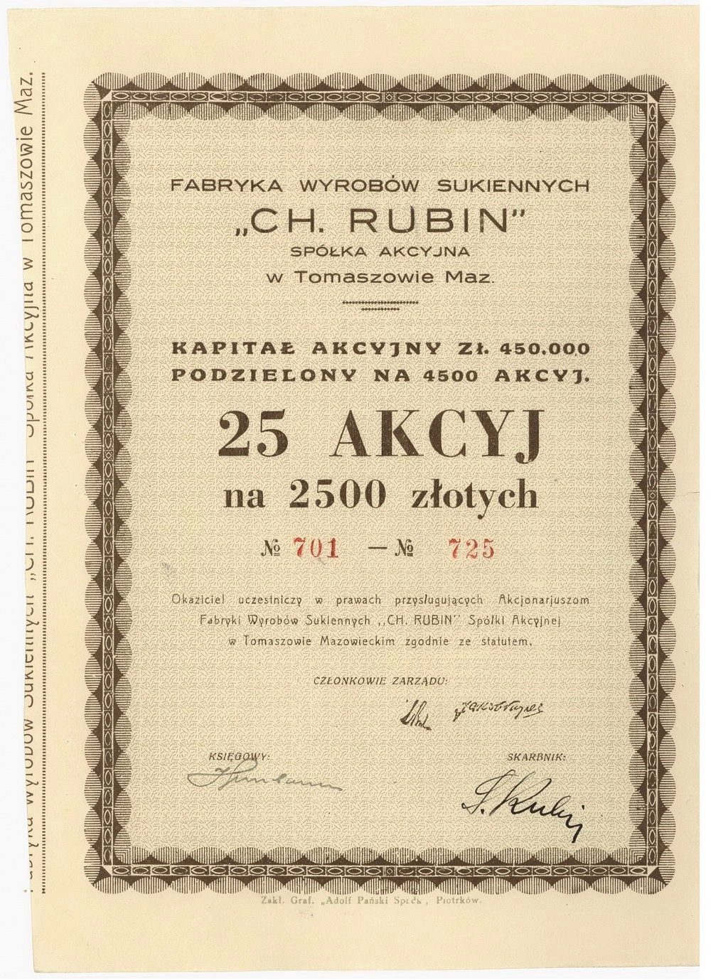 Zdjęcie akcji Fabryka Wyrobów Sukiennych "Ch. Rubin" Spółka Akcyjna w Tomaszowie Mazowieckim
