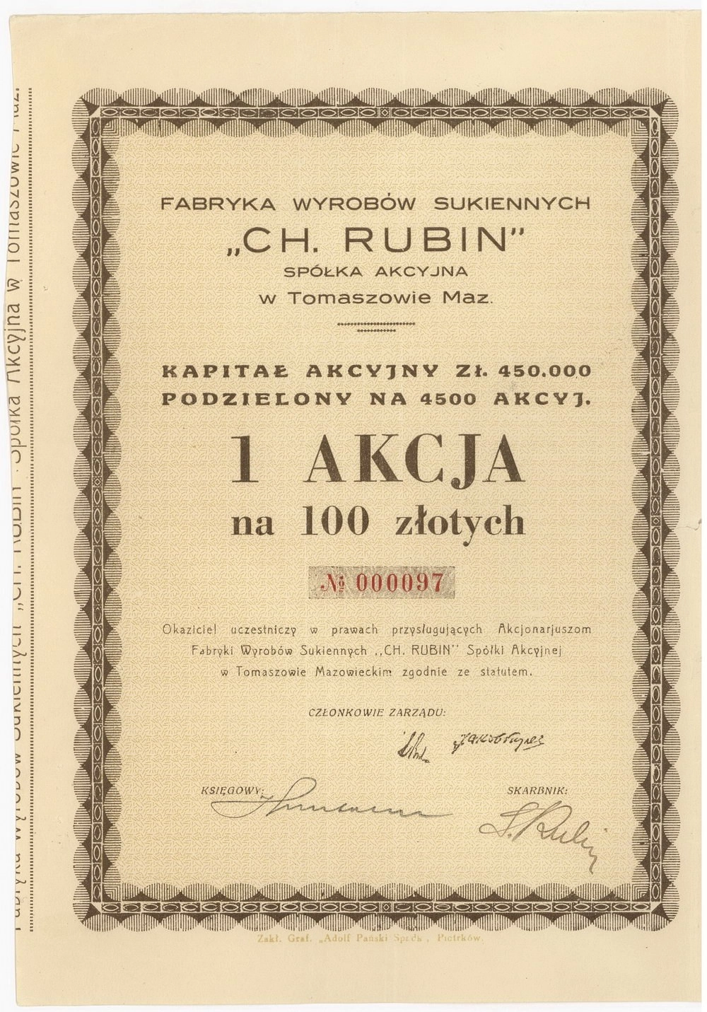 Zdjęcie akcji Fabryka Wyrobów Sukiennych "Ch. Rubin" Spółka Akcyjna w Tomaszowie Mazowieckim