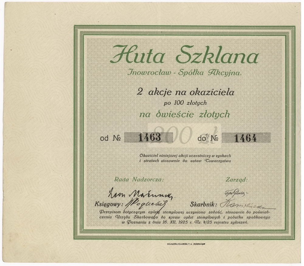 Zdjęcie akcji Huta Szklana "Inowrocław" Spółka Akcyjna