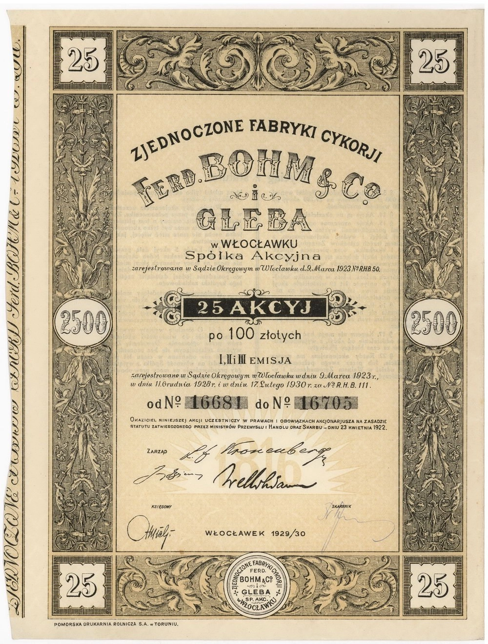 Zdjęcie akcji Zjednoczone Fabryki Cykorii "Ferd. Bohm & Co." i "Gleba" we Włocławku Spółka Akcyjna