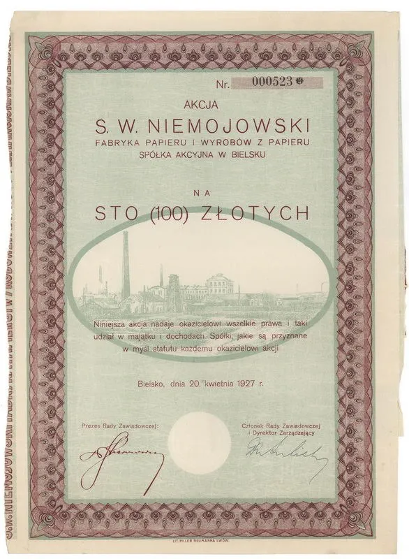 Zdjęcie akcji "S. W. Niemojowski" Fabryka Papieru i Wyrobów z Papieru Spółka Akcyjna w Bielsku