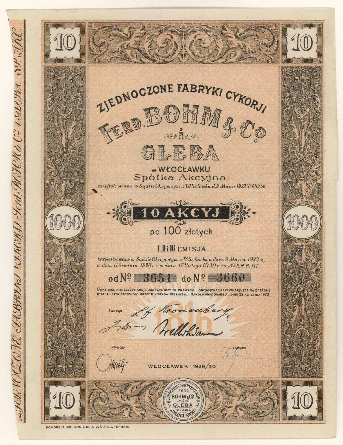 Zdjęcie akcji Zjednoczone Fabryki Cykorii "Ferd. Bohm & Co." i "Gleba" we Włocławku Spółka Akcyjna