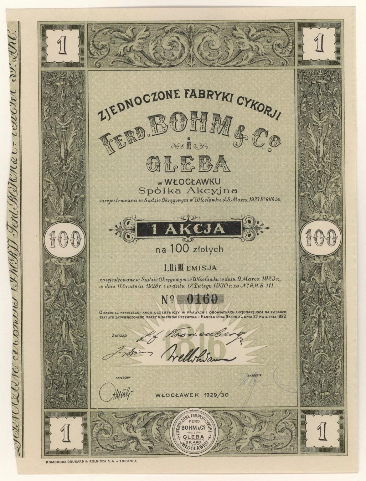 Zdjęcie akcji Zjednoczone Fabryki Cykorii "Ferd. Bohm & Co." i "Gleba" we Włocławku Spółka Akcyjna