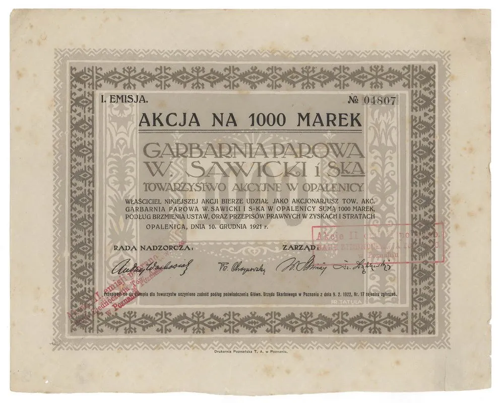 Zdjęcie akcji Garbarnia Parowa "W. Sawicki i Spółka" Towarzystwo Akcyjne w Opalenicy