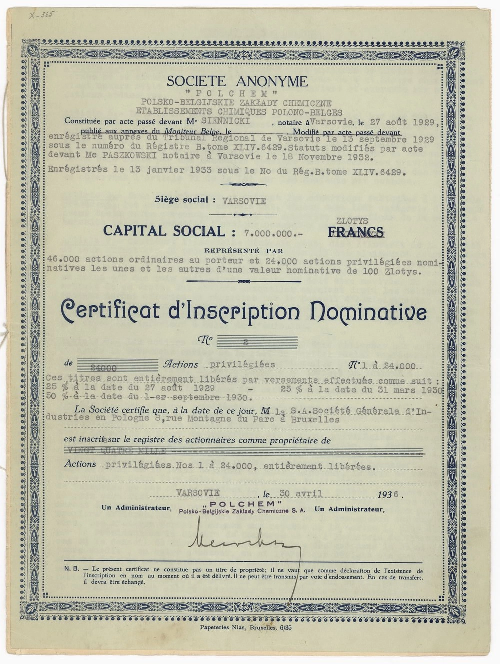 Zdjęcie akcji "Polchem" Polsko-Belgijskie Zakłady Chemiczne Spółka Akcyjna