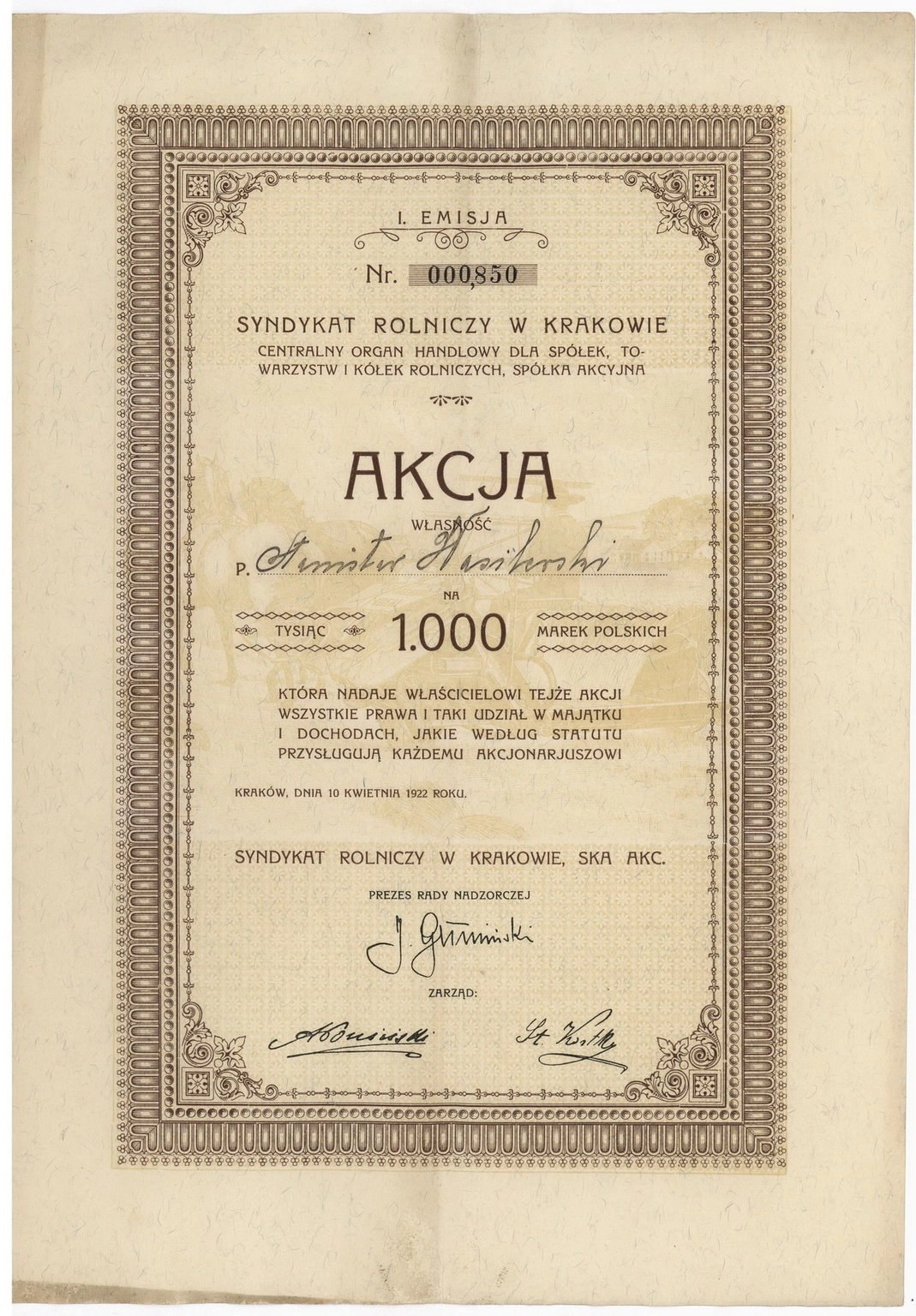 Zdjęcie akcji Syndykat Rolniczy w Krakowie, Centralny Organ Handlowy dla Spółek, Towarzystw i Kółek Rolniczych Spółka Akcyjna