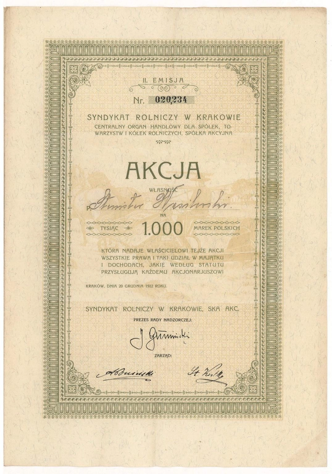 Zdjęcie akcji Syndykat Rolniczy w Krakowie, Centralny Organ Handlowy dla Spółek, Towarzystw i Kółek Rolniczych Spółka Akcyjna
