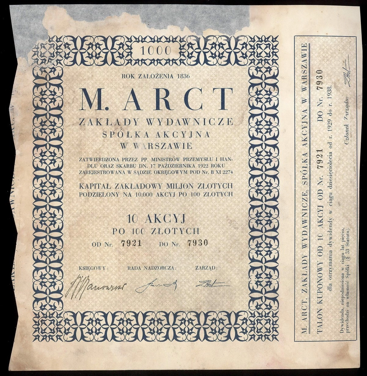 Zdjęcie akcji "M. Arct" Zakłady Wydawnicze Spółka Akcyjna w Warszawie