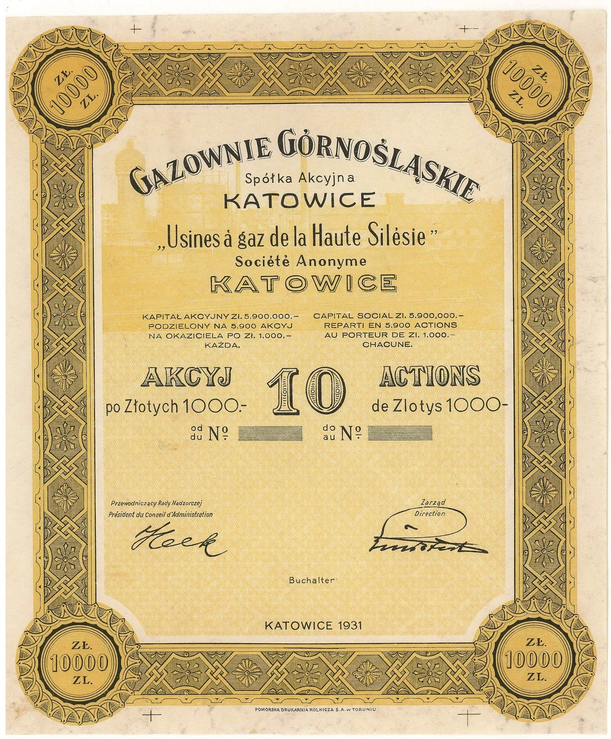 Zdjęcie akcji "Gazownie Górnośląskie" Spółka Akcyjna Katowice