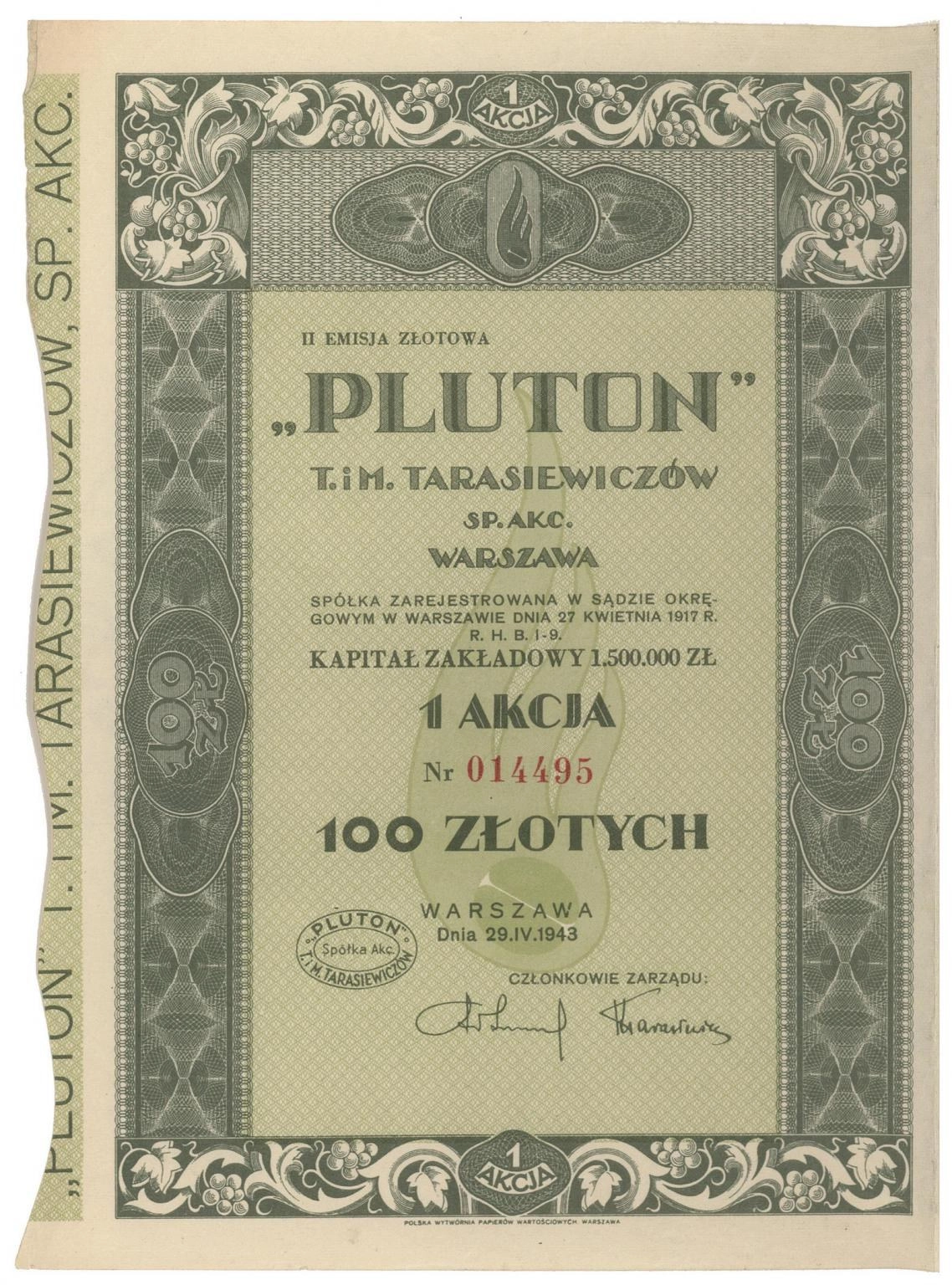 Zdjęcie akcji "Pluton" T. i M. Tarasiewiczów Spółka Akcyjna Warszawa