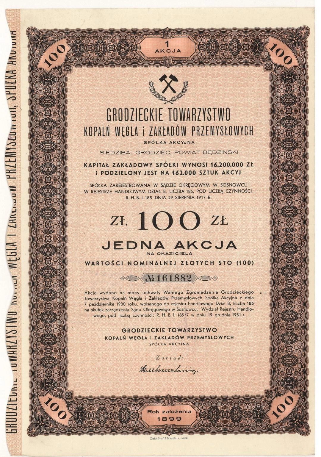 Zdjęcie akcji Grodzieckie Towarzystwo Kopalń Węgla i Zakładów Przemysłowych Spółka Akcyjna