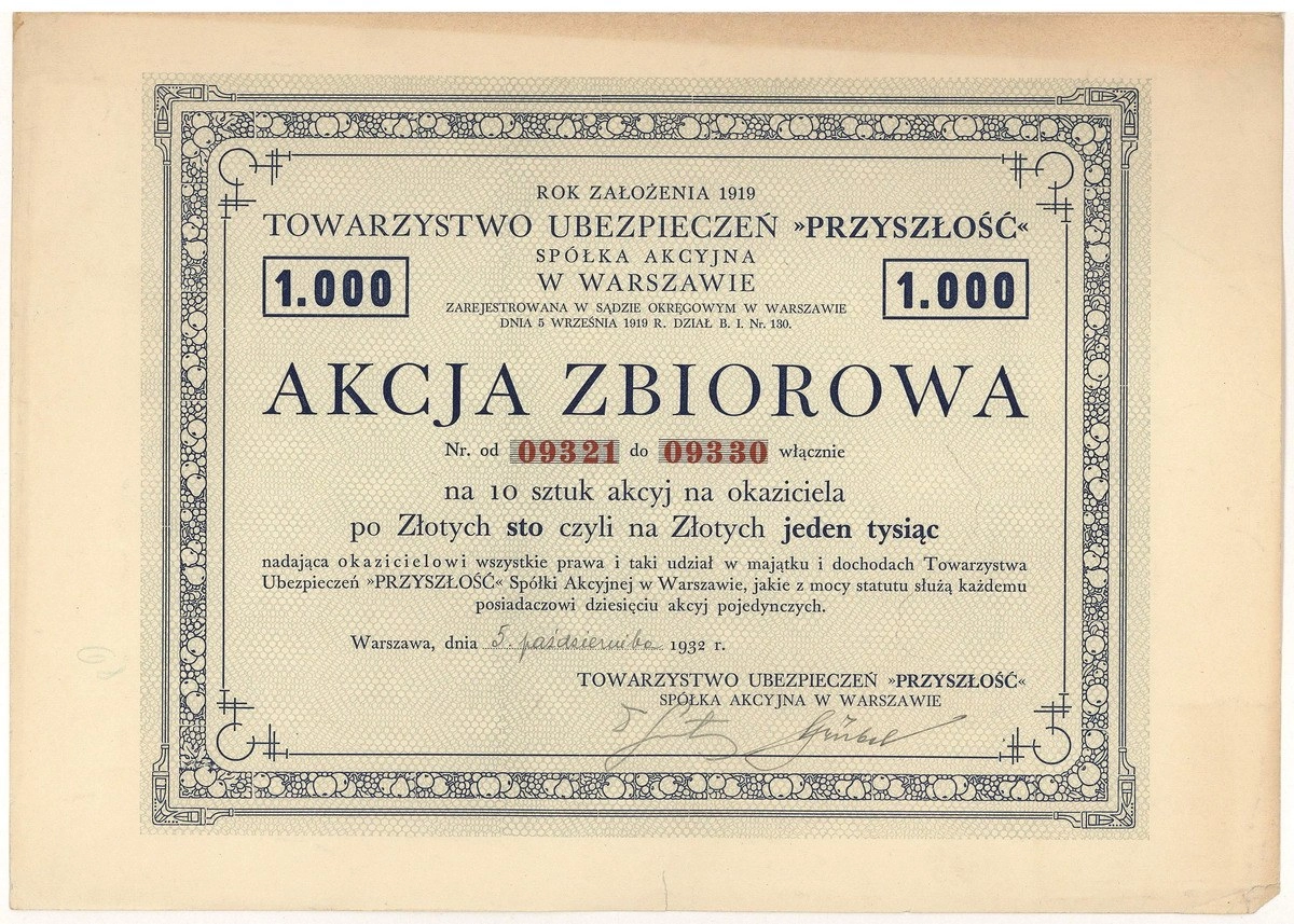Zdjęcie akcji Towarzystwo Ubezpieczeń "Przyszłość" Spółka Akcyjna w Warszawie