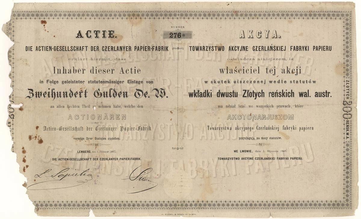 Zdjęcie akcji Towarzystwo Akcyjne Czerlańskiej Fabryki Papieru