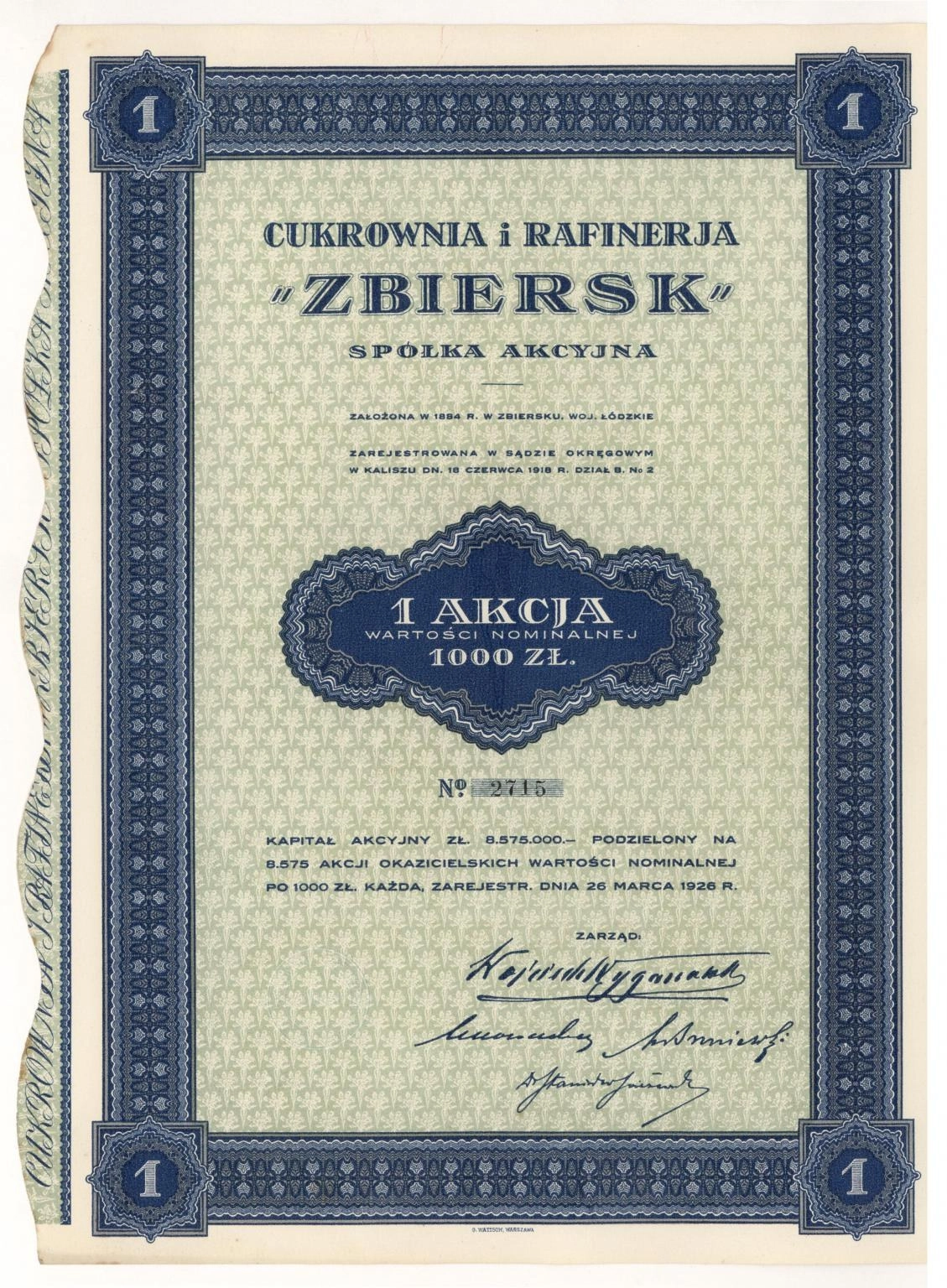 Zdjęcie akcji Cukrownia i Rafineria "Zbiersk" Spółka Akcyjna