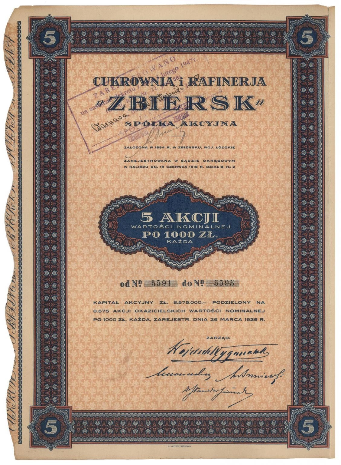 Zdjęcie akcji Cukrownia i Rafineria "Zbiersk" Spółka Akcyjna