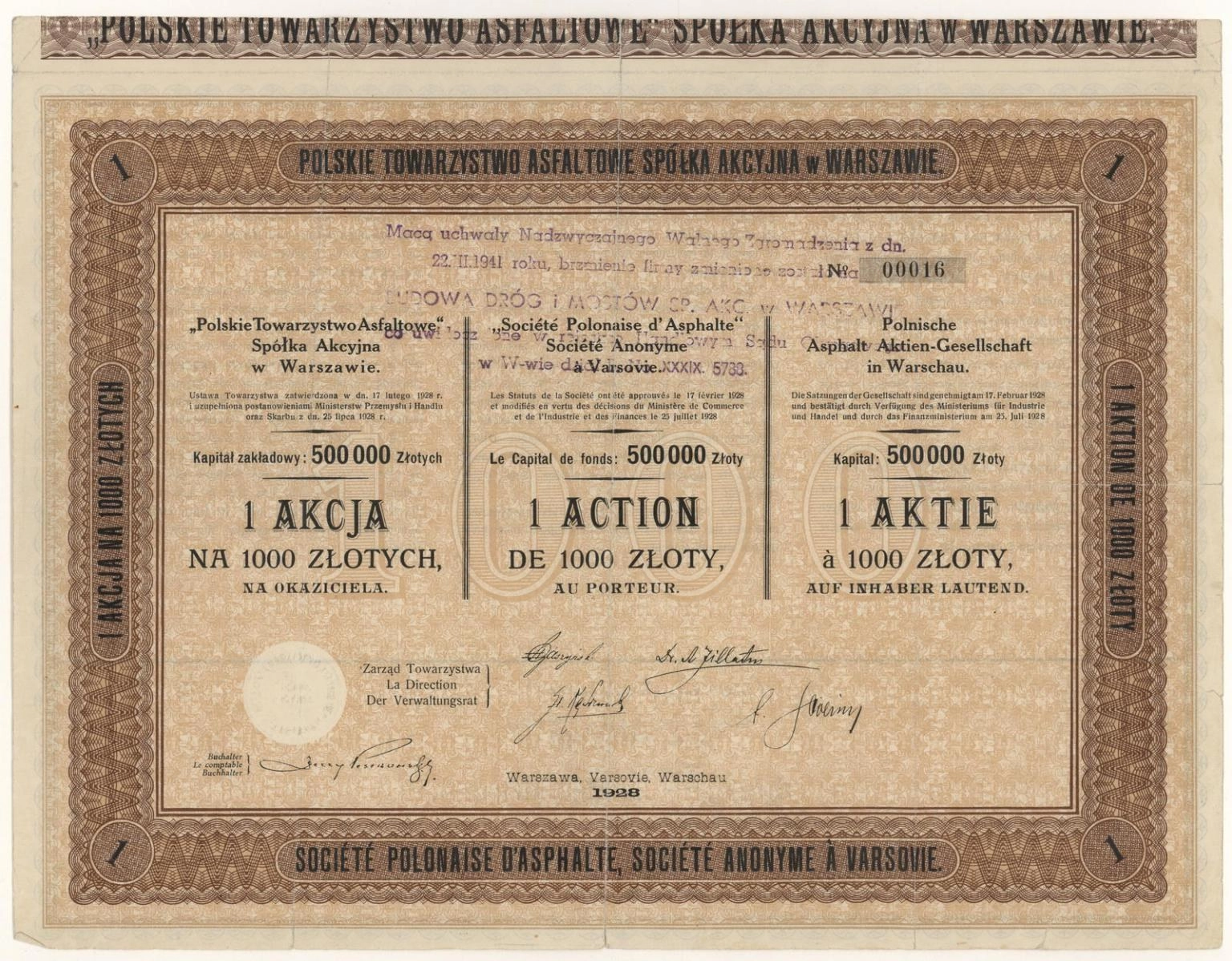 Zdjęcie akcji Polskie Towarzystwo Asfaltowe Spółka Akcyjna