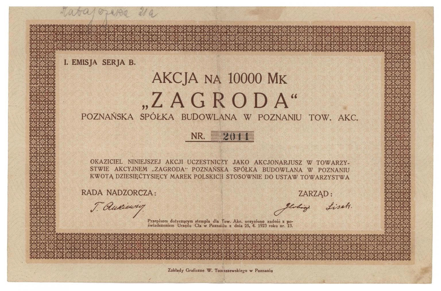 Zdjęcie akcji "Zagroda" Poznańska Spółka Budowlana w Poznaniu Towarzystwo Akcyjne