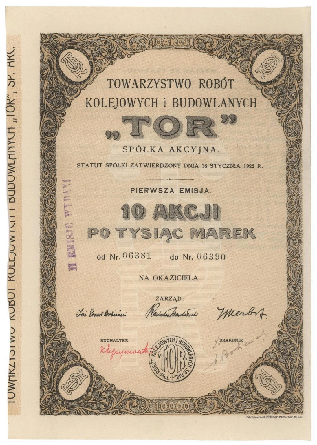 Zdjęcie akcji Towarzystwo Robót Kolejowych i Budowlanych "Tor" Spółka Akcyjna