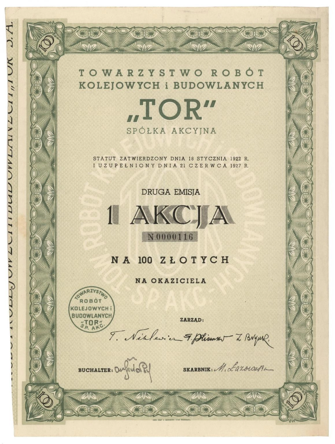 Zdjęcie akcji Towarzystwo Robót Kolejowych i Budowlanych "Tor" Spółka Akcyjna