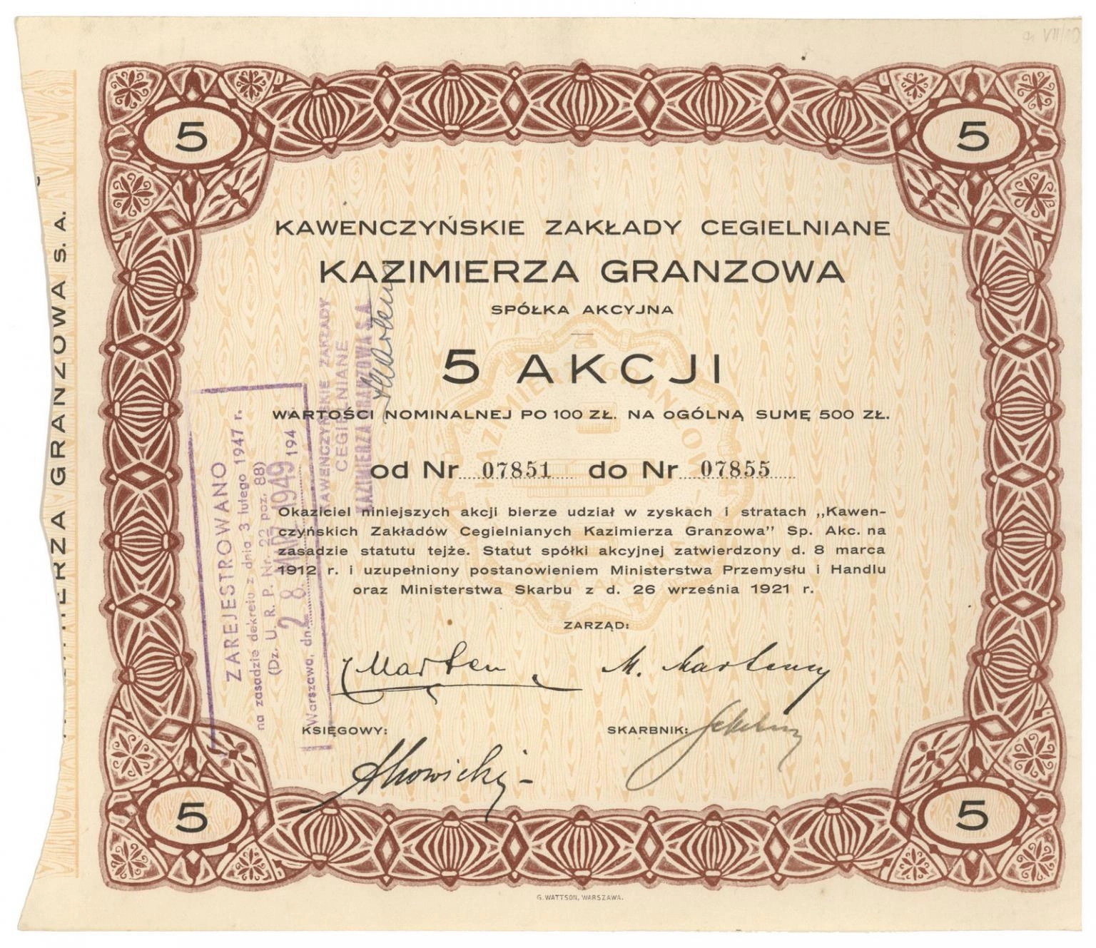 Zdjęcie akcji Kawenczyńskie Zakłady Cegielniane Kazimierza Granzowa Spółka Akcyjna