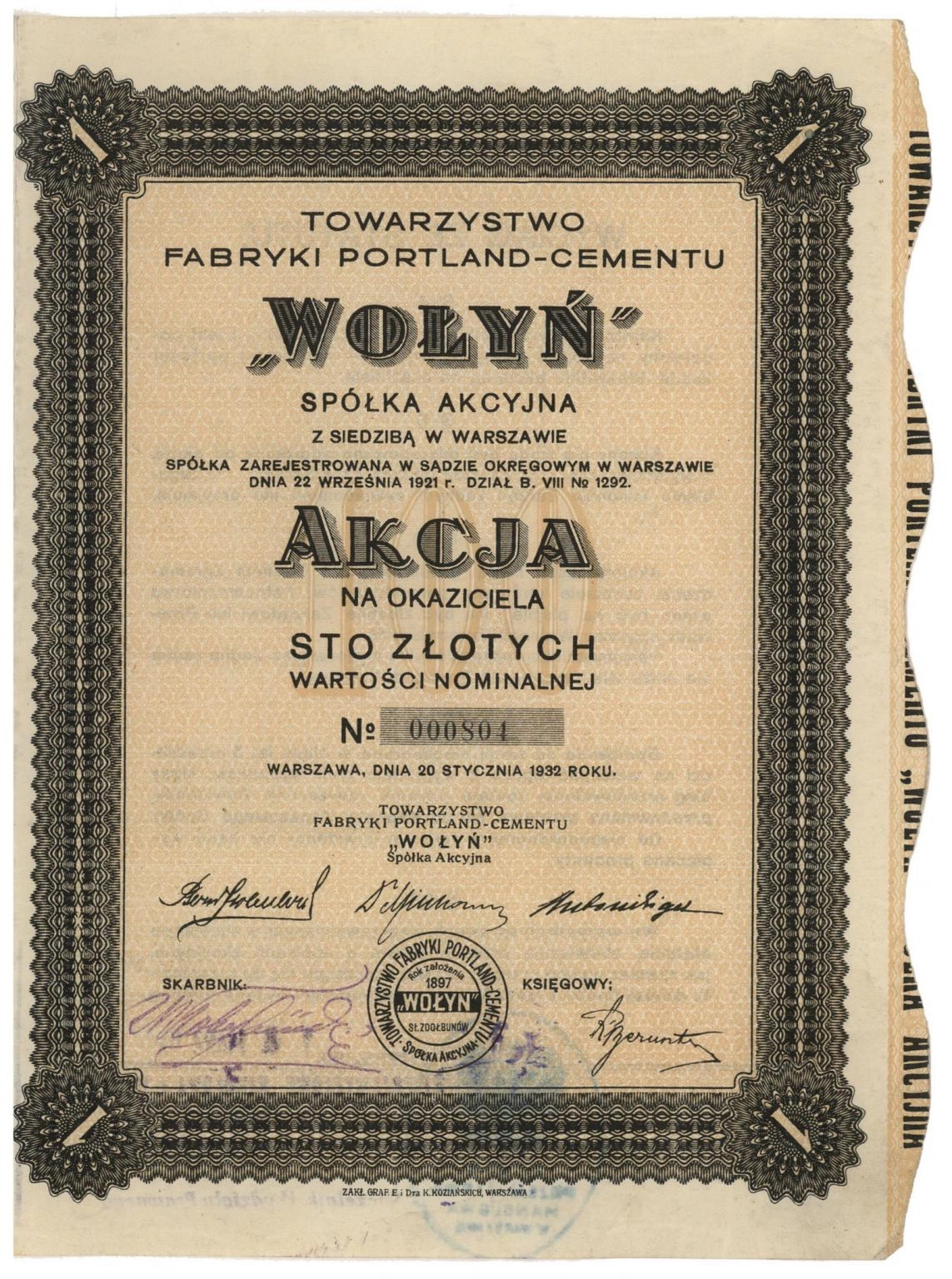 Zdjęcie akcji Towarzystwo Fabryki Portland-Cementu "Wołyń" Spółka Akcyjna