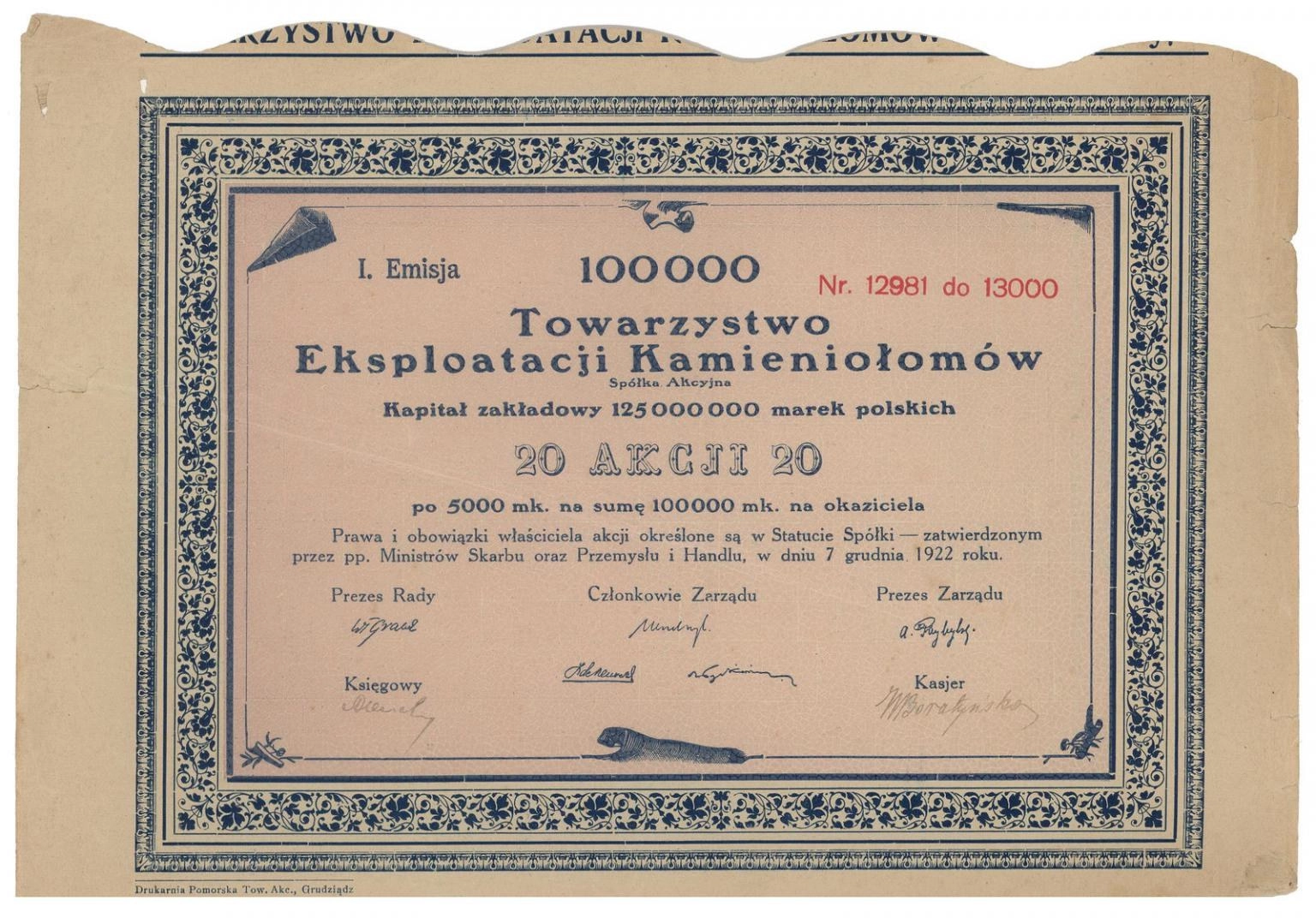 Zdjęcie akcji Towarzystwo Eksploatacji Kamieniołomów Spółka Akcyjna