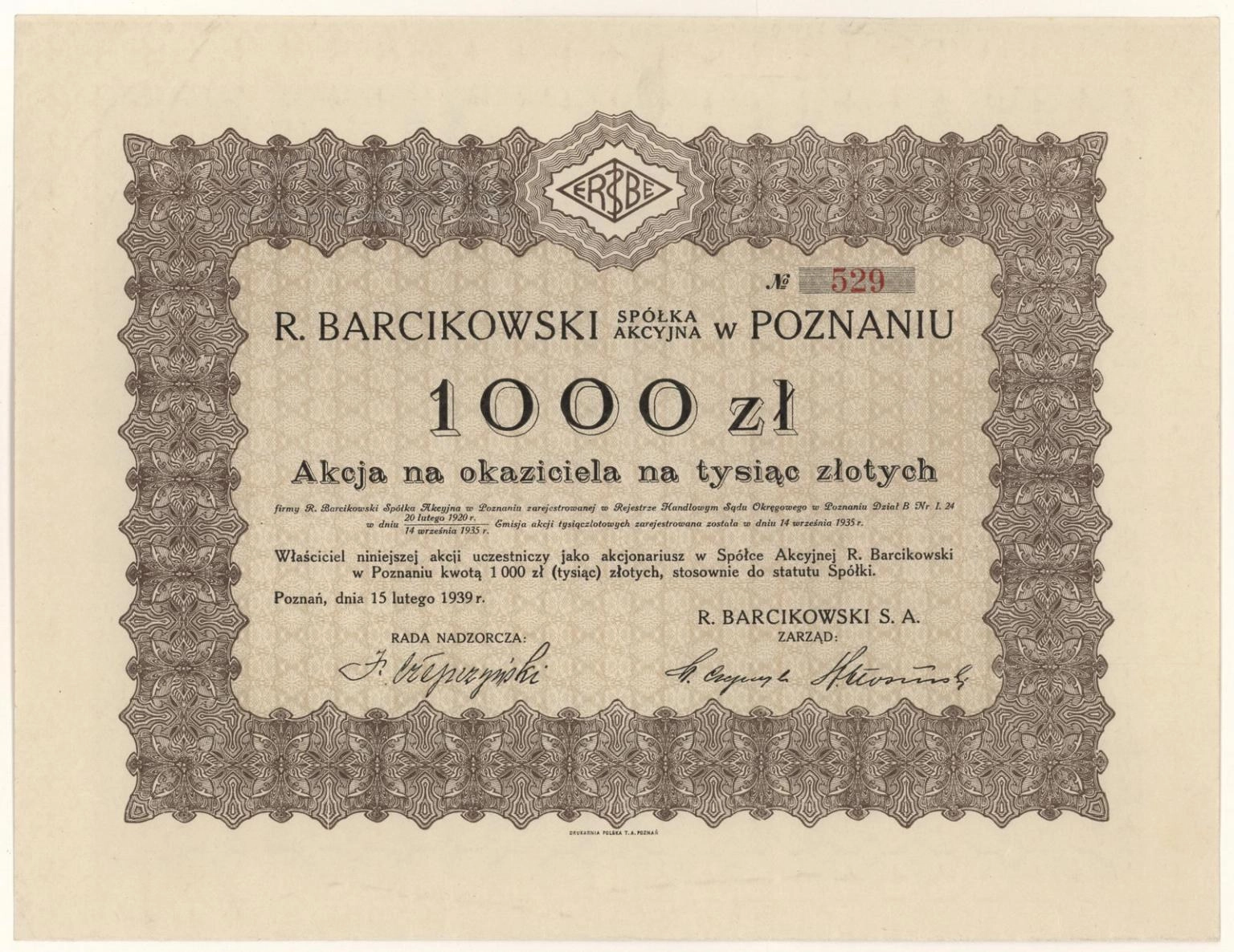 Zdjęcie akcji "R. Barcikowski" Spółka Akcyjna w Poznaniu