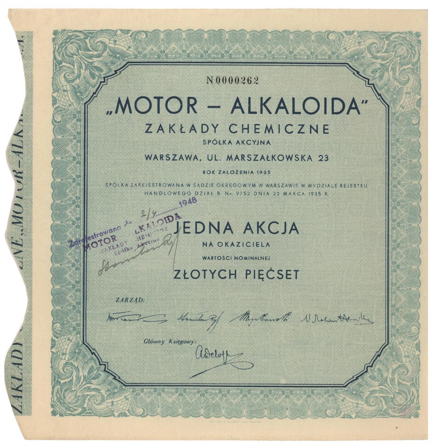 Zdjęcie akcji "Motor-Alkaloida" Zakłady Chemiczne Spółka Akcyjna
