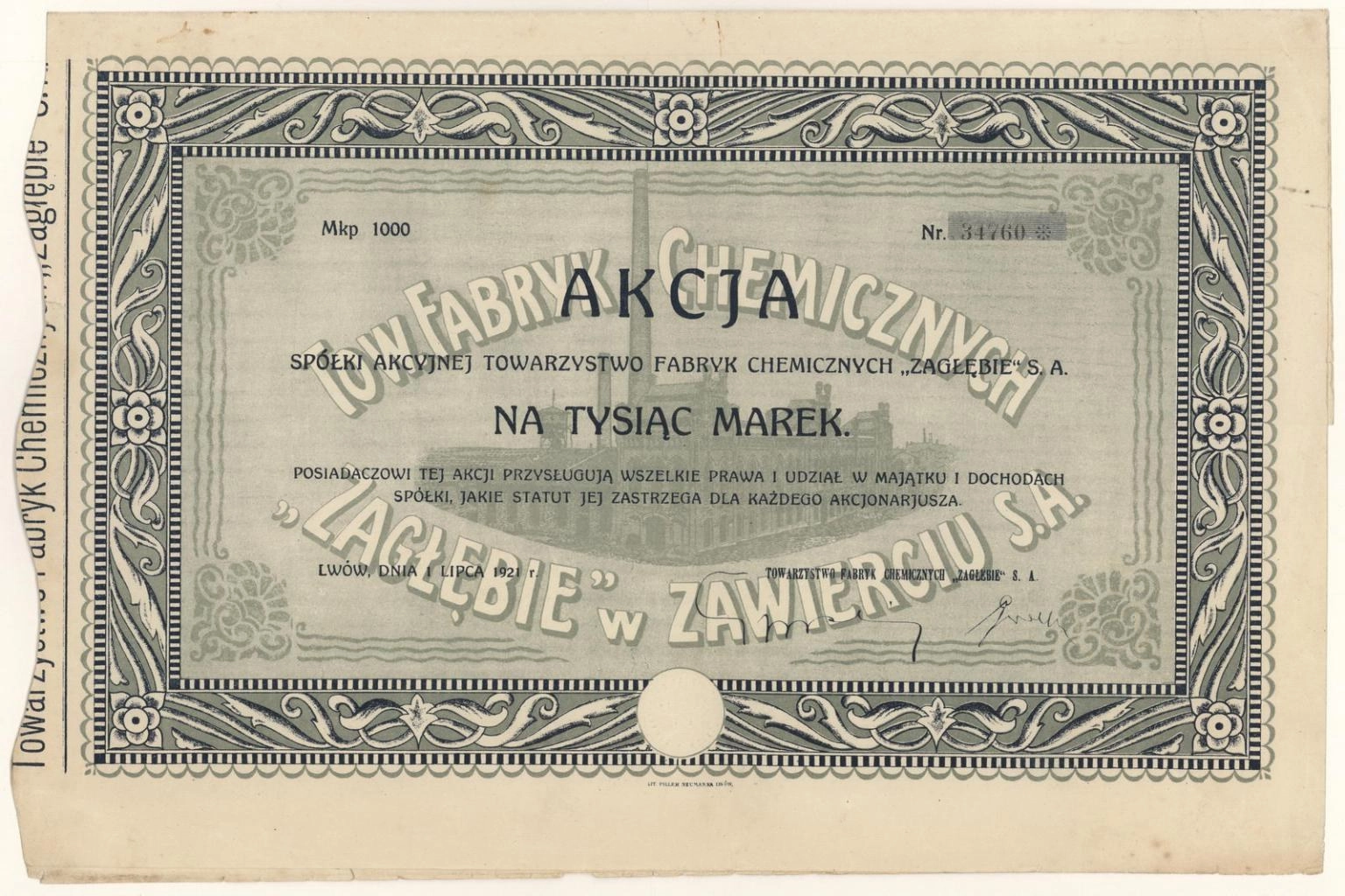 Zdjęcie akcji Towarzystwo Fabryk Chemicznych "Zagłębie" Spółka Akcyjna