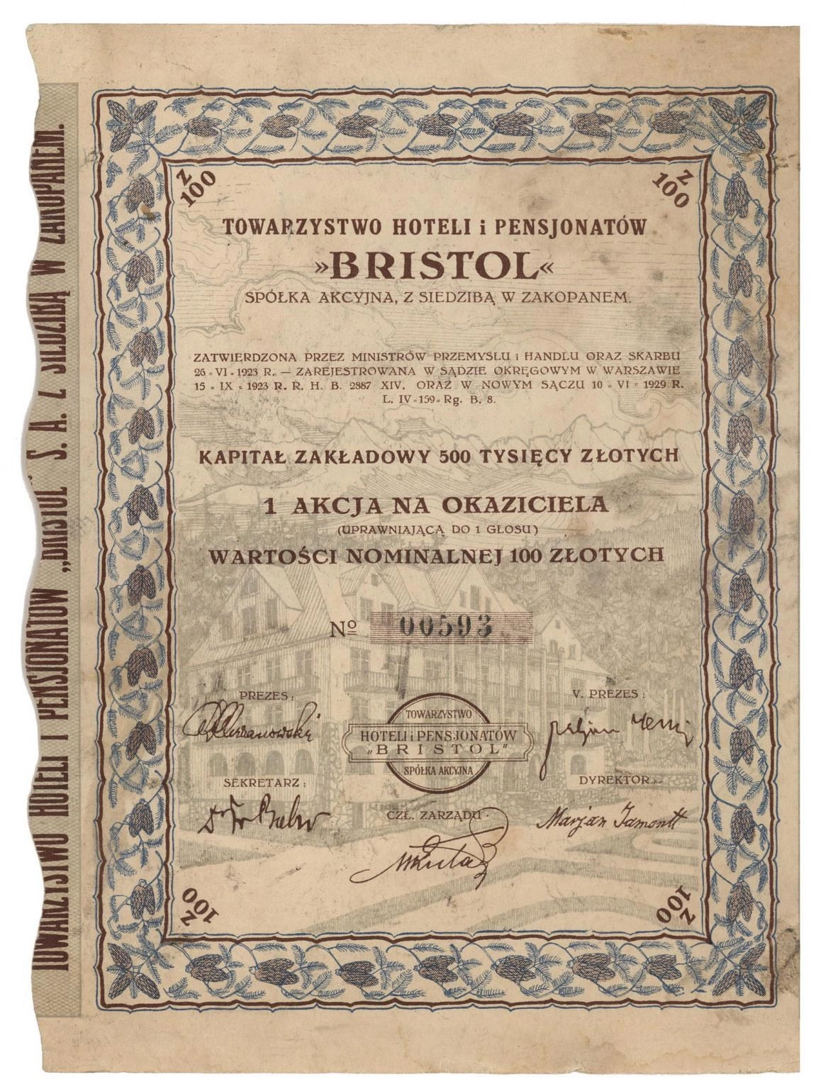 Zdjęcie akcji Towarzystwo Hoteli i Pensjonatów "Bristol" Spółka Akcyjna