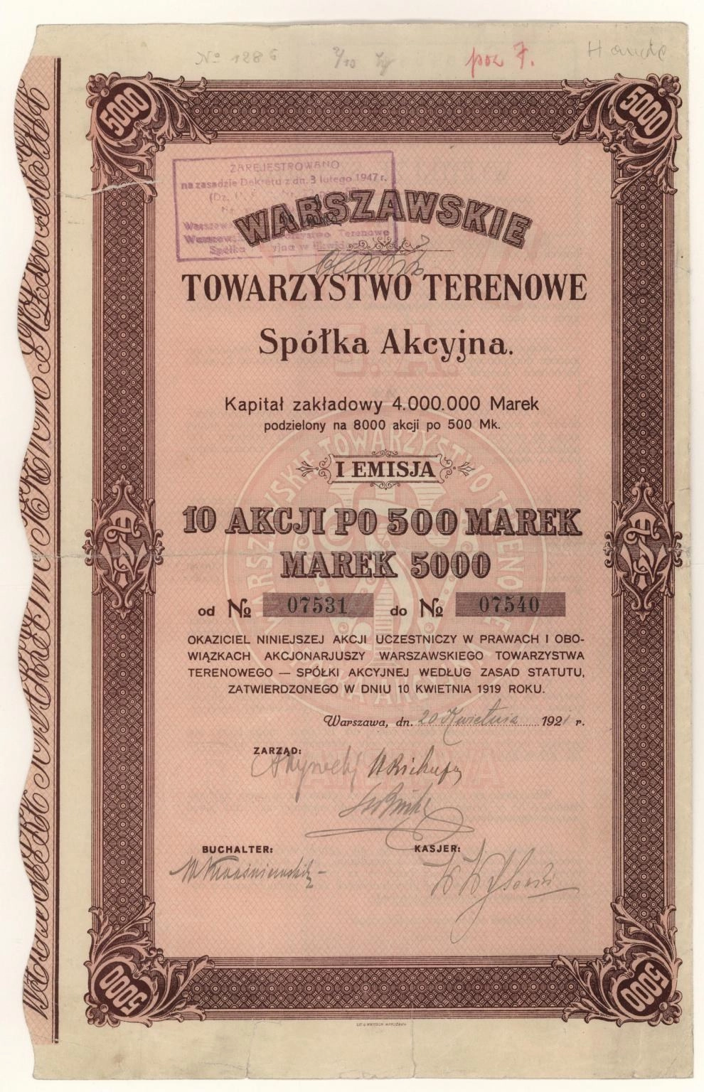 Zdjęcie akcji Warszawskie Towarzystwo Terenowe Spółka Akcyjna