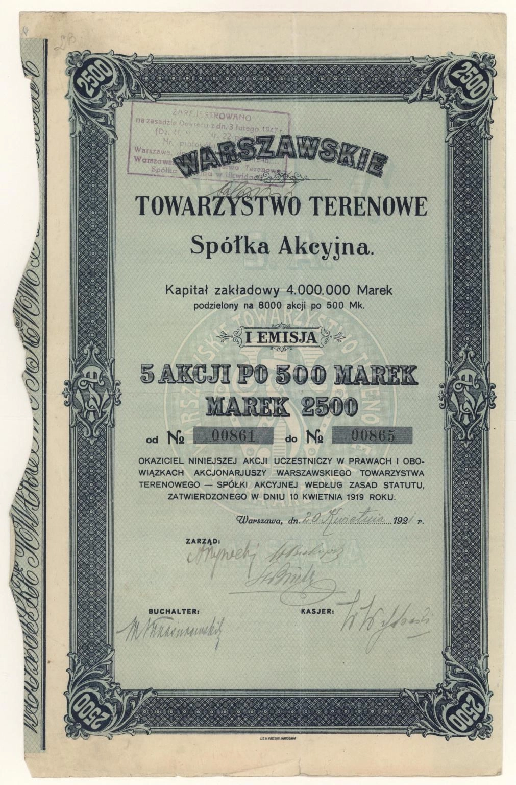 Zdjęcie akcji Warszawskie Towarzystwo Terenowe Spółka Akcyjna