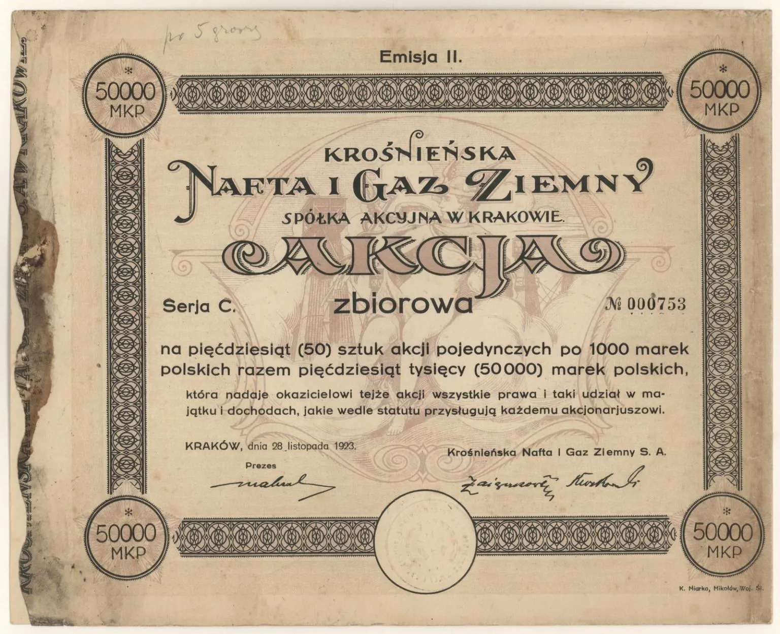 Zdjęcie akcji Krośnieńska Nafta i Gaz Ziemny Spółka Akcyjna w Krakowie