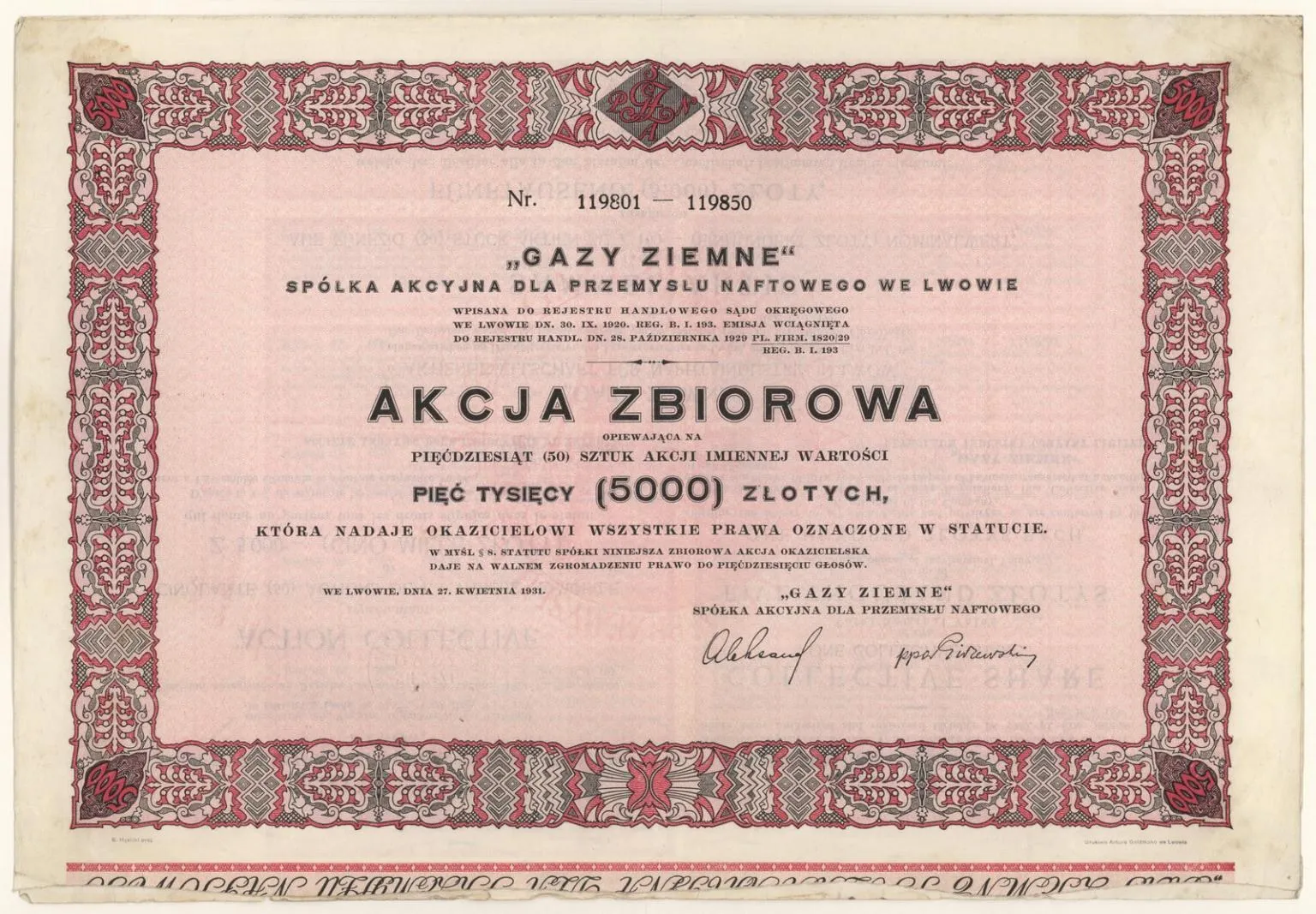 Zdjęcie akcji "Gazy Ziemne" Spółka Akcyjna dla Przemysłu Naftowego we Lwowie