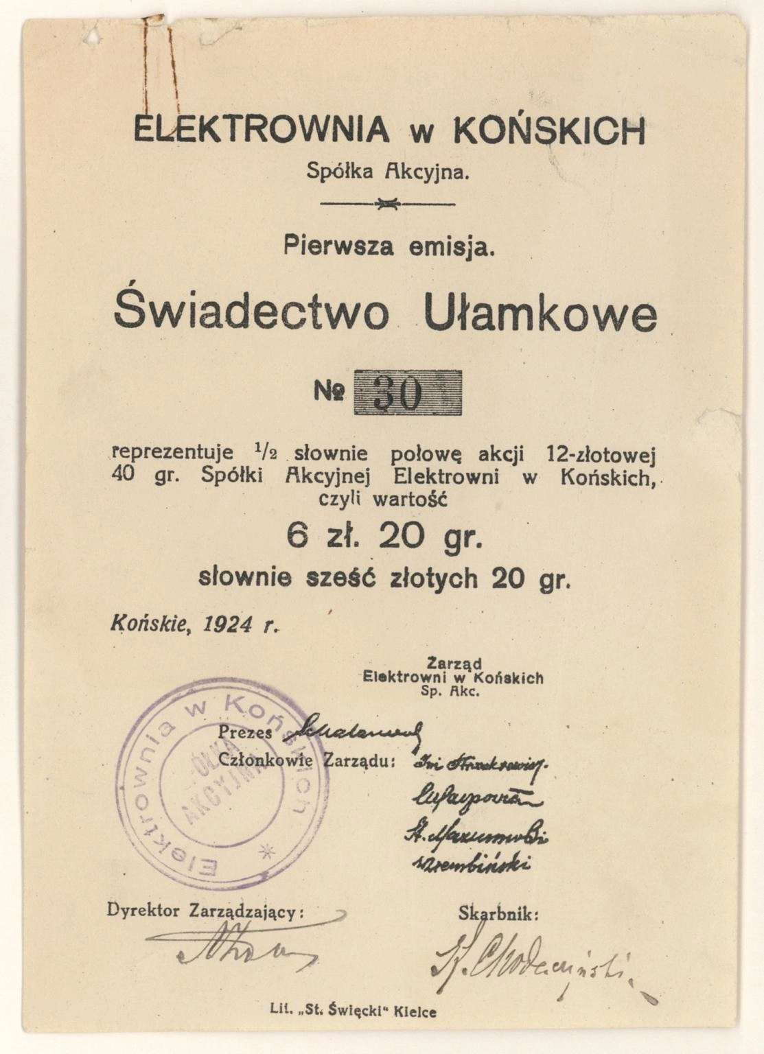 Zdjęcie akcji Elektrownia w Końskich Spółka Akcyjna